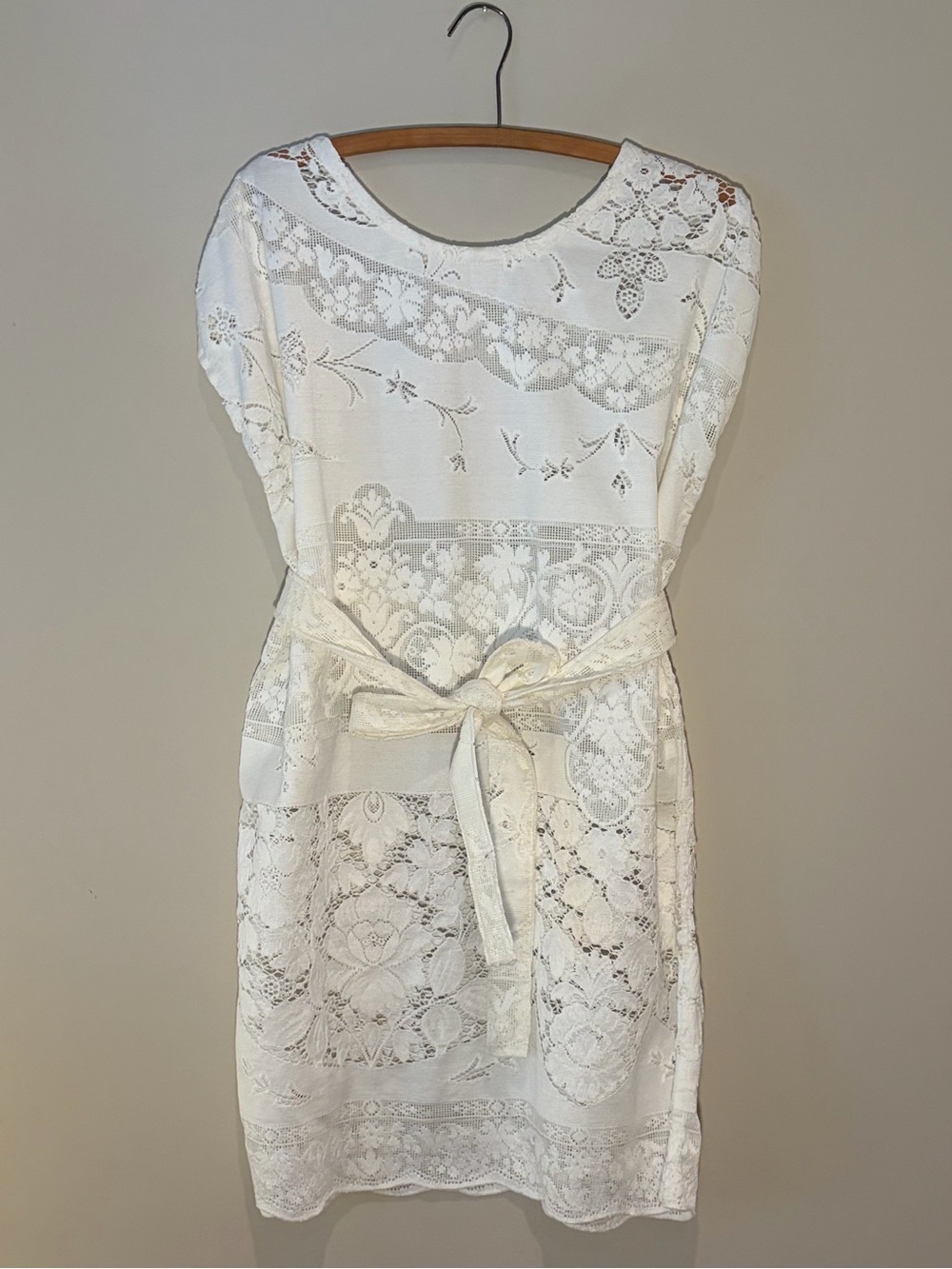 Handmade Dress made from vintage Quaker Lace with tie waist